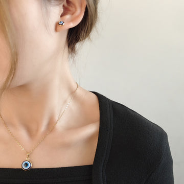 Blue Evil Eye Pendant Necklace and Stud Earring Set