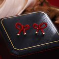 Glossy Red Ribbon Bow Gold Tip Delicate Small Stud Earrings view 3