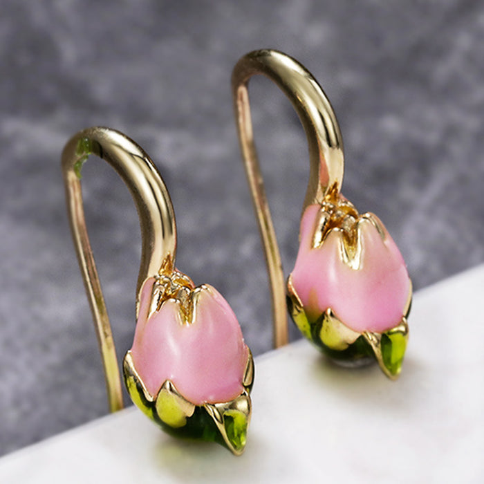 Gold Tone Pink Tulip Flower Hook Earrings with Enamel Detail