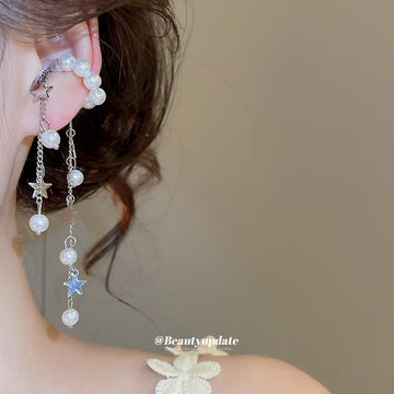 Silver Pearl Star Chain Ear Cuff with Long Delicate Cascading Drops