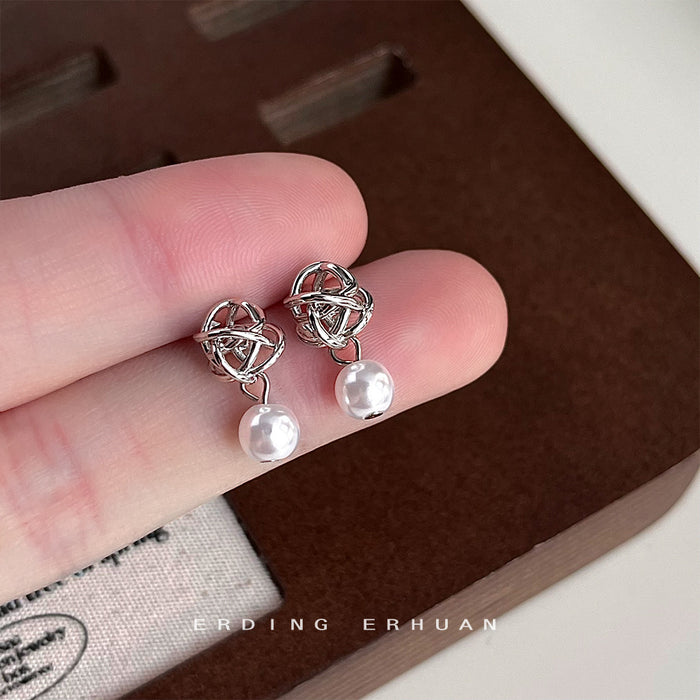 Silver Wire Ball Cage Pearl Drop Stud Earrings Pair