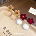Flower and Pom Pom Drop Stud Earrings in Two Colors view 3