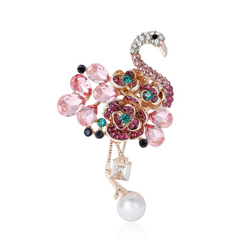 Pink Flamingo Crystal Brooch With Dangling Pearl Drop