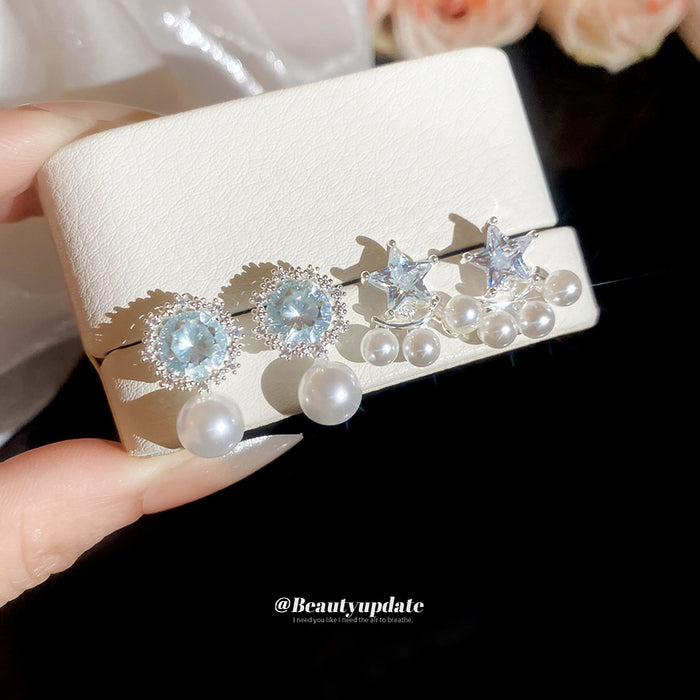 Blue Crystal Star and Pearl Stud Earrings in Two Designs