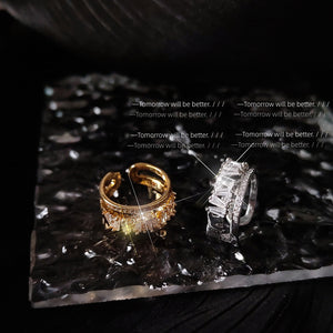 Open Adjustable Baguette CZ Double Band Rings Gold Silver