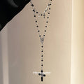 Black Beaded Cross Pendant Necklace With Layered Drop Chains view 4