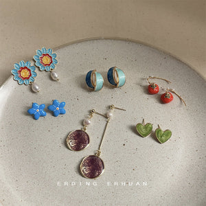Enamel Earrings in Two Styles: Blue Twist Stud or Red Persimmon Drop