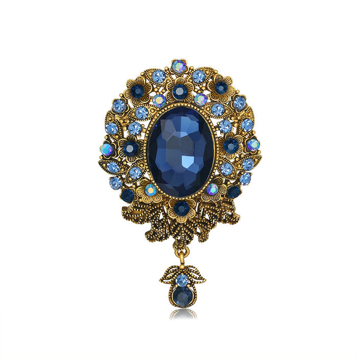 Blue Gold Tone Flower Crystal Two Designs Metal Brooch Pin