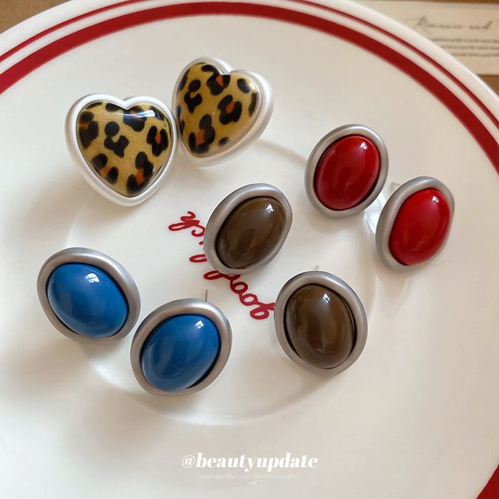 Colorful Resin Leopard Heart And Oval Stud Earrings