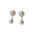 White Pearl Halo Drop Earrings Teardrop Dangle Gold Tone view 5