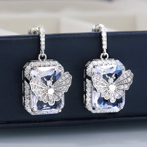Butterfly Clear Rectangular Stone Drop Earrings With Clear Stone Accents