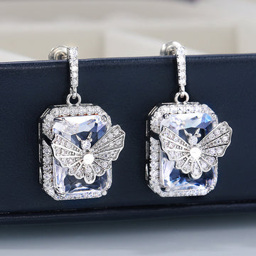 Butterfly Clear Rectangular Stone Drop Earrings With Clear Stone Accents