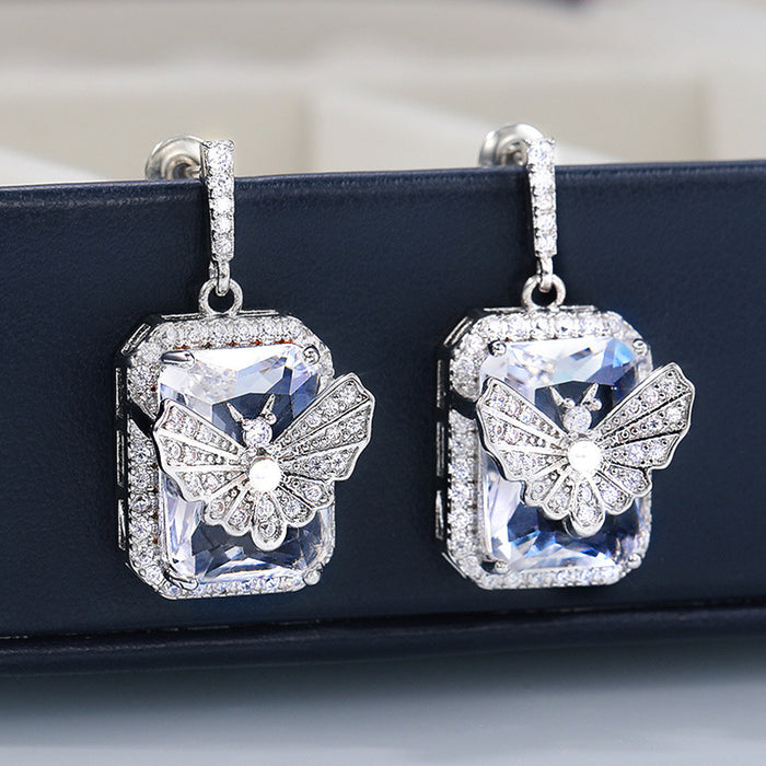 Butterfly Clear Rectangular Stone Drop Earrings With Clear Stone Accents