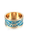 Gold Tone Turquoise Enamel Wide Band Ring In A Polished Decorative Design view 4