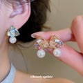 Gold Geometric Crystal Stud Earrings With White Pearl Drops view 2