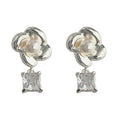 Silver Camellia Pearl Square Crystal Drop Stud Earrings view 5