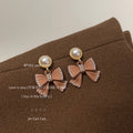 Gold Pearl Pink Bow Drop Stud Earrings Crystal Edge Pair view 4