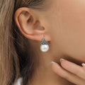 Antique Silver-Tone Rose Cap Pearl Drop Earrings, Latch-Back view 3
