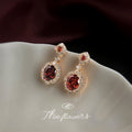 Gold Tone Red Oval Stone Clear Halo Drop Stud Earrings view 3