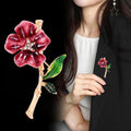Burgundy Flower Green Leaf Gold Tone Metal Brooch Pin view 3