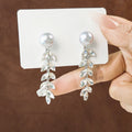 Silver Leaf Wheat Spray Pearl Look Long Stud Earrings view 4