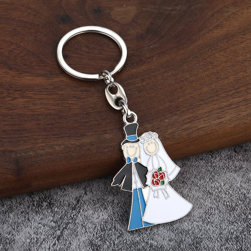 Bride and Groom Enamel Keychain, Cute Couple Metal Bag Charm