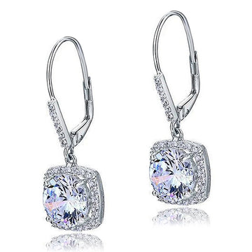 Cushion Square Crystal Leverback Drop Earrings in Silver Tone