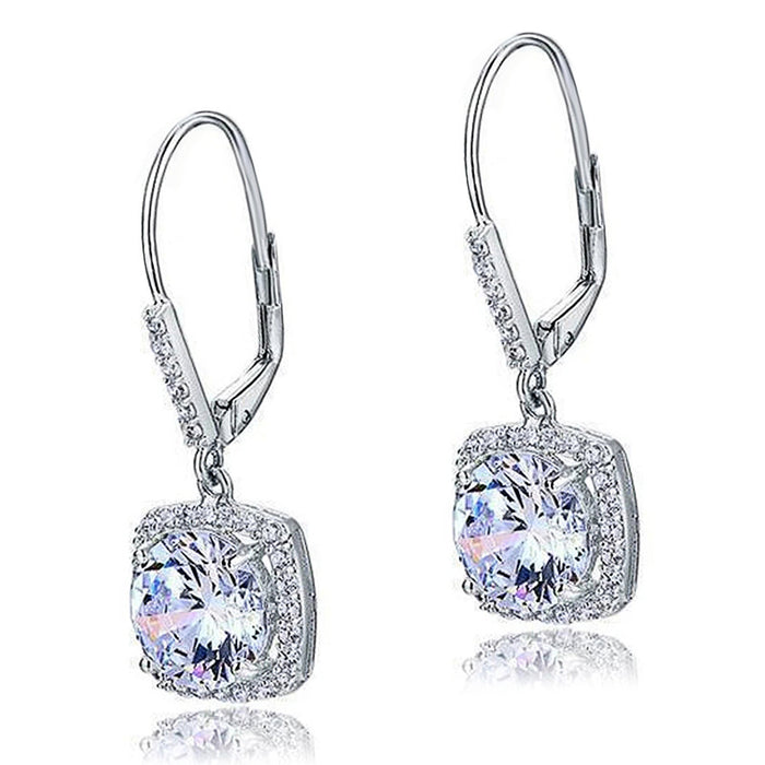 Cushion Square Crystal Leverback Drop Earrings in Silver Tone