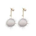 Brown and White Faux Fur Pom Pom Pearl Drop Stud Earrings view 5