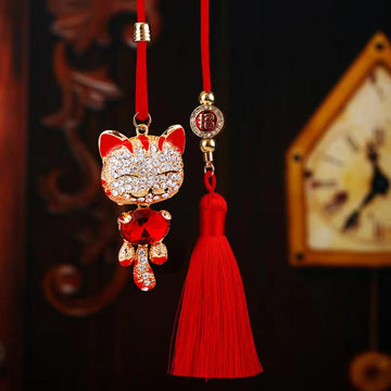 Jeweled Lucky Cat Vehicle Hanging Ornaments in Four Colors and Cord Only Option