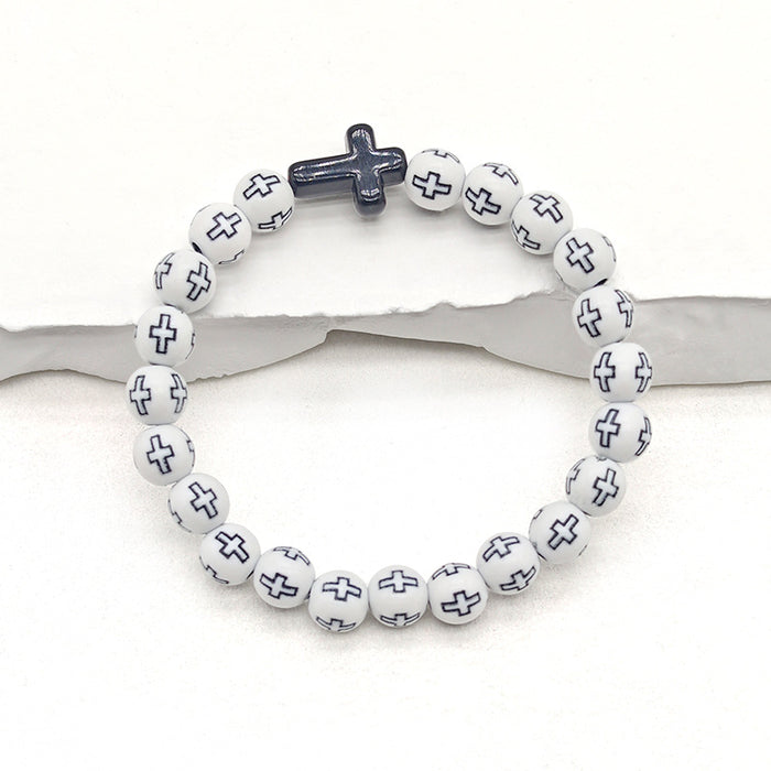 White Black Cross Print Bead Stretch Bracelet Charm