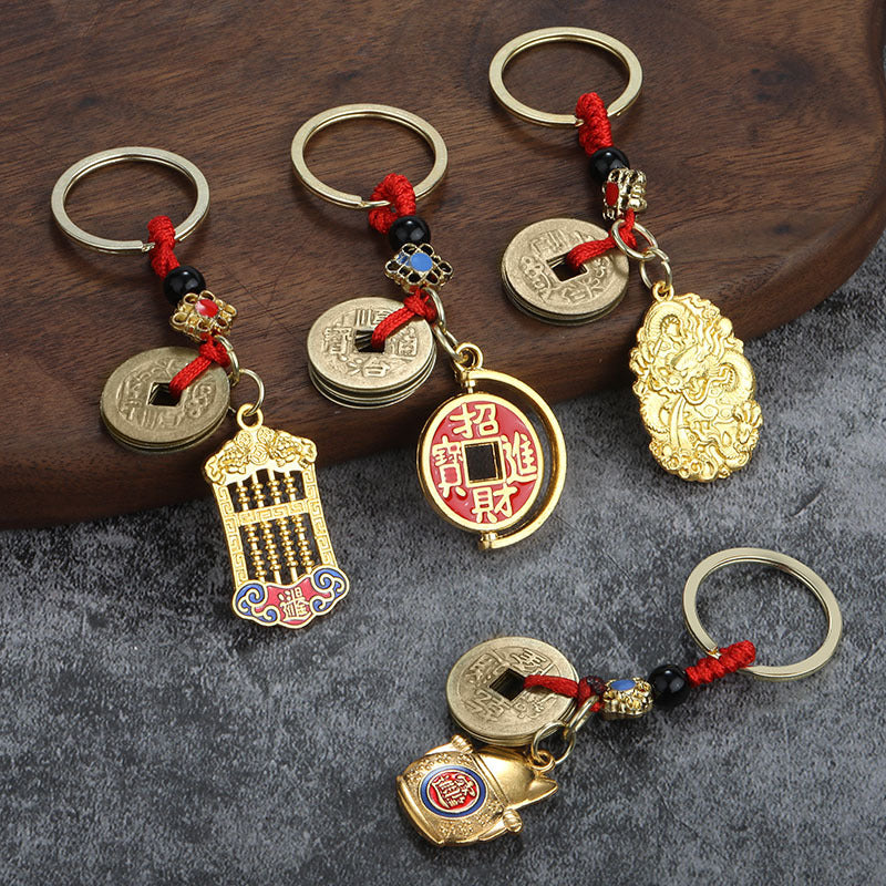 Alloy Wulu Abacus Lucky Coin Keychain with Red Cord Charm