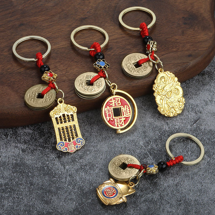 Alloy Wulu Abacus Lucky Coin Keychain with Red Cord Charm