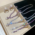 Silver Pearl CZ Leaf Necklace and Open Ring White Purple view 3