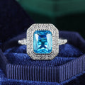 Silver Tone Blue Rectangular Stone Double Halo Ring view 2