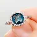 Deep Blue Cushion Solitaire Halo Ring In Polished Silver Tone view 4