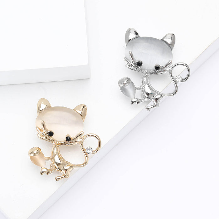 Cat Eye Cat Brooch Acorn Silver Gold Metal Cute Pin