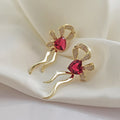 Gold Tone Red Heart Crystal Bow Long Stud Earrings view 2