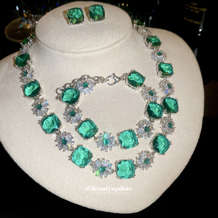 Green Cushion Crystal Flower Necklace Bracelet Earring Pieces