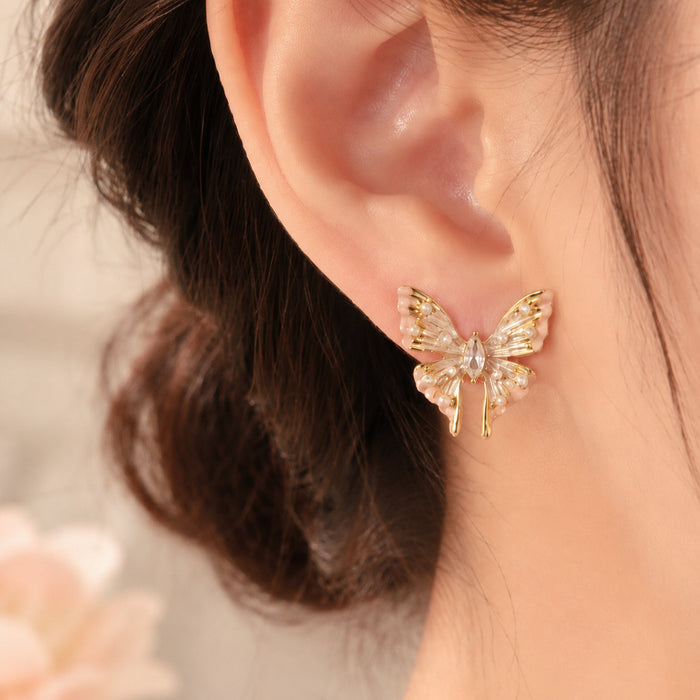 Enamel Look Butterfly Pearl Accent Stud Earrings in Three Colors