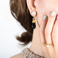 Gold Steel Faux Pearl Black Glass Stone Drop Earrings view 4