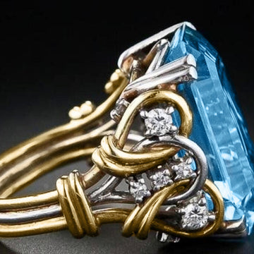Two Tone Blue Rectangular Stone Cocktail Ring Sizes 6-10