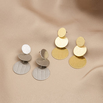 Silver Tone Brushed Triple Disc Statement Stud Earrings