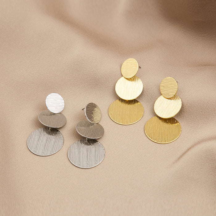 Silver Tone Brushed Triple Disc Statement Stud Earrings
