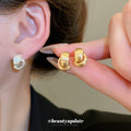 Brushed Gold Tone Curved Open Hoop Stud Earrings for Women view 1