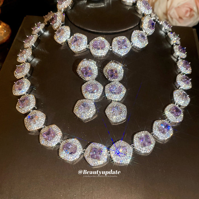 Purple Square Halo Crystal Necklace Bracelet And Earrings
