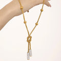 Gold Rope Chain Knot Lariat Necklace Ball Accents Crystal Ends view 3