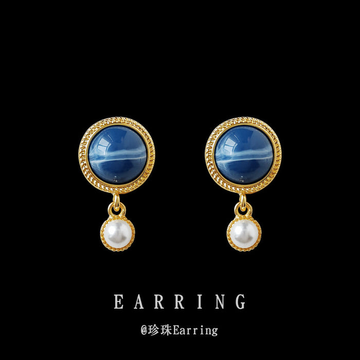Blue Round Cabochon Stud Earrings Pearl Drop Bezel