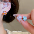 Multicolor Crystal Flower Stud Earrings with Faceted Petals view 2