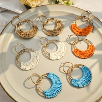 Brown White and Orange Woven Crescent Ring Earrings